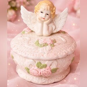 Vintage Cherub Angel Trinket Box | 7” Porcelain Keepsake Jewelry Box
